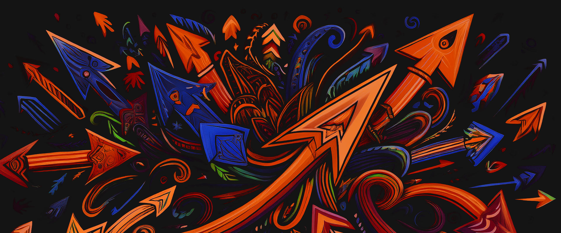 Dynamisches, abstraktes Kunstwerk mit zahlreichen bunten Pfeilen auf schwarzem Hintergrund. Die Pfeile variieren in Größe, Farbe und Richtung und sind mit wirbelnden, bandartigen Mustern und geometrischen Texturen durchzogen. Die Komposition wirkt energiegeladen und vermittelt Bewegung, Vielfalt und visuelle Komplexität.