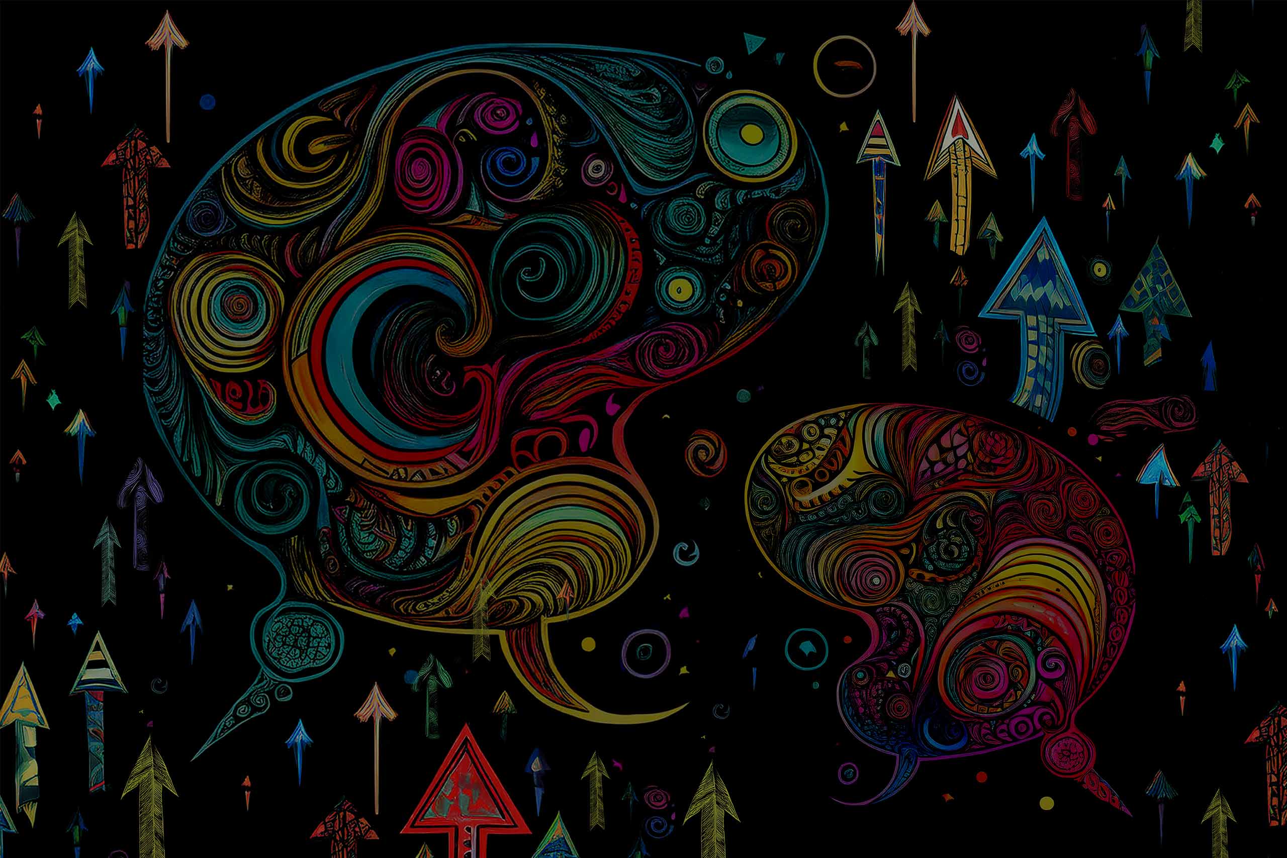 Abstraktes digitales Kunstwerk mit zwei großen, bunten Sprechblasenformen auf schwarzem Hintergrund, gefüllt mit wirbelnden Mustern, die an Gehirne oder Gedankenwolken erinnern. Zahlreiche farbige Pfeile mit individuellen Texturen zeigen nach oben und symbolisieren Kommunikation, Ideenfluss oder kognitive Prozesse.