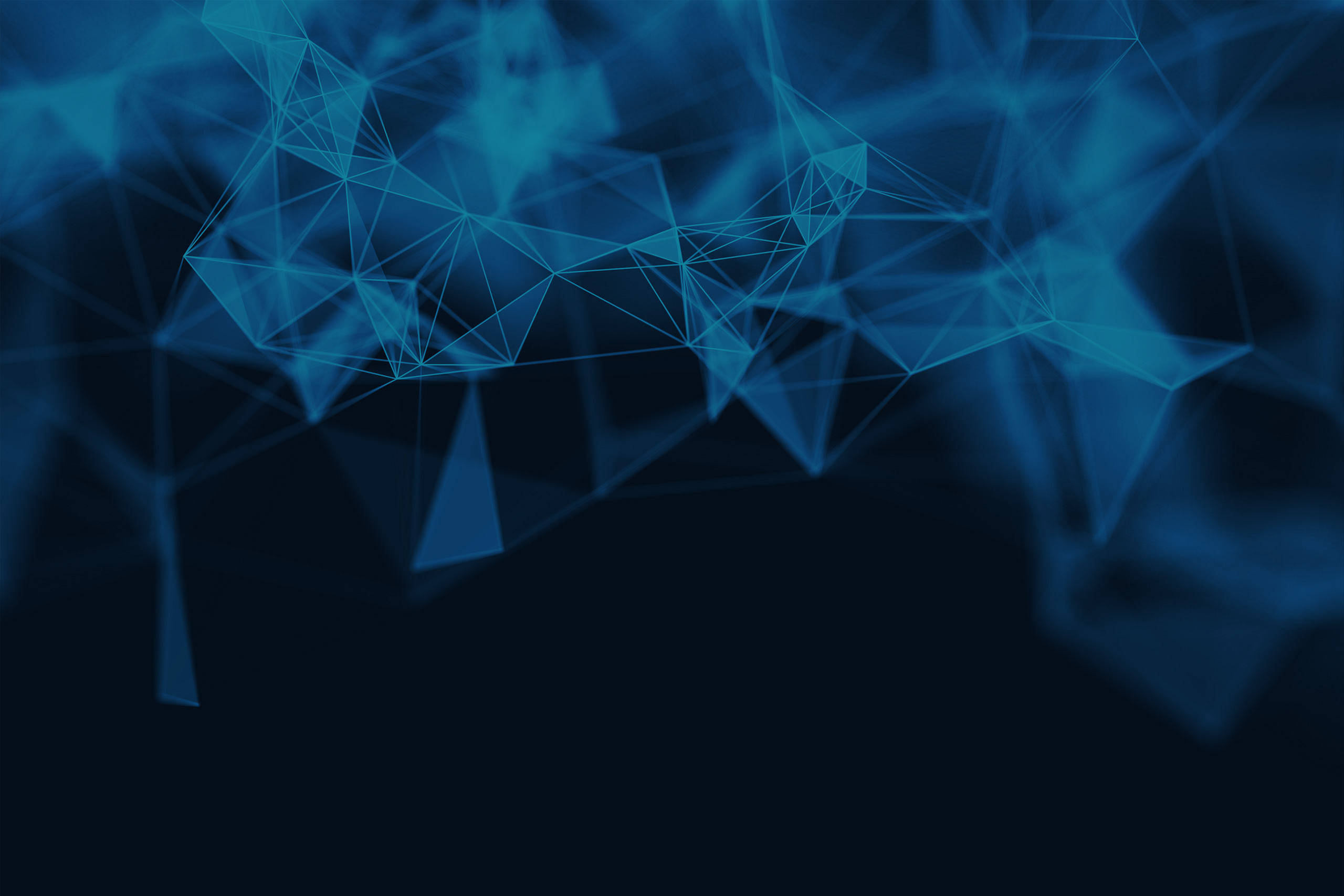 Digitale Grafik mit dunkelblauem Hintergrund und einem Netzwerk aus transparenten, geometrischen Formen wie Dreiecken und Polygonen. Die Linien und Knotenpunkte erzeugen eine dreidimensionale Struktur, die an Datenvernetzung, künstliche Intelligenz oder digitale Kommunikation erinnert. Die abstrakte Darstellung vermittelt Komplexität und technologische Dynamik.
