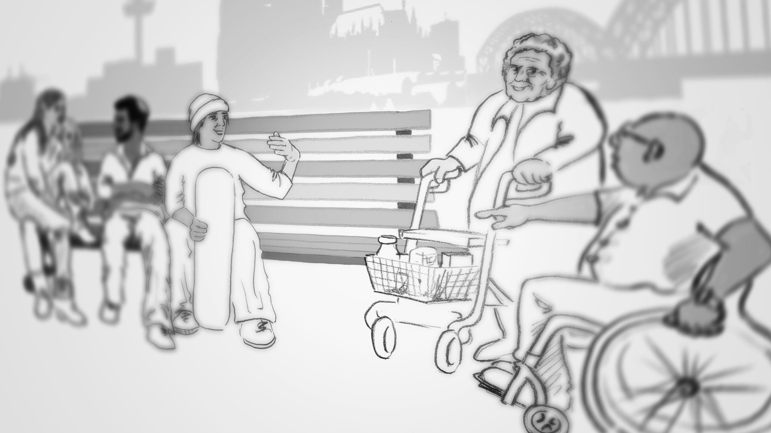 Die Illustration zeigt eine Gruppe von Menschen in einem öffentlichen Außenbereich, vermutlich einem Park oder einer städtischen Promenade. Links sitzen zwei Personen auf einer Bank; eine hält ein Skateboard und gestikuliert, während sie sich mit der anderen Person unterhält. Rechts steht eine ältere Person mit einem Rollator, dessen Korb mit Gegenständen gefüllt ist. Daneben sitzt eine Person im Rollstuhl und zeigt auf den Korb, als würde sie sich mit der stehenden Person austauschen. Im Hintergrund sind schemenhafte Umrisse von Gebäuden und einer Brücke zu erkennen, was auf eine urbane Umgebung hinweist. Die Szene vermittelt ein Gefühl von Begegnung, Vielfalt und alltäglichem Miteinander zwischen Menschen unterschiedlichen Alters und mit verschiedenen körperlichen Voraussetzungen.
