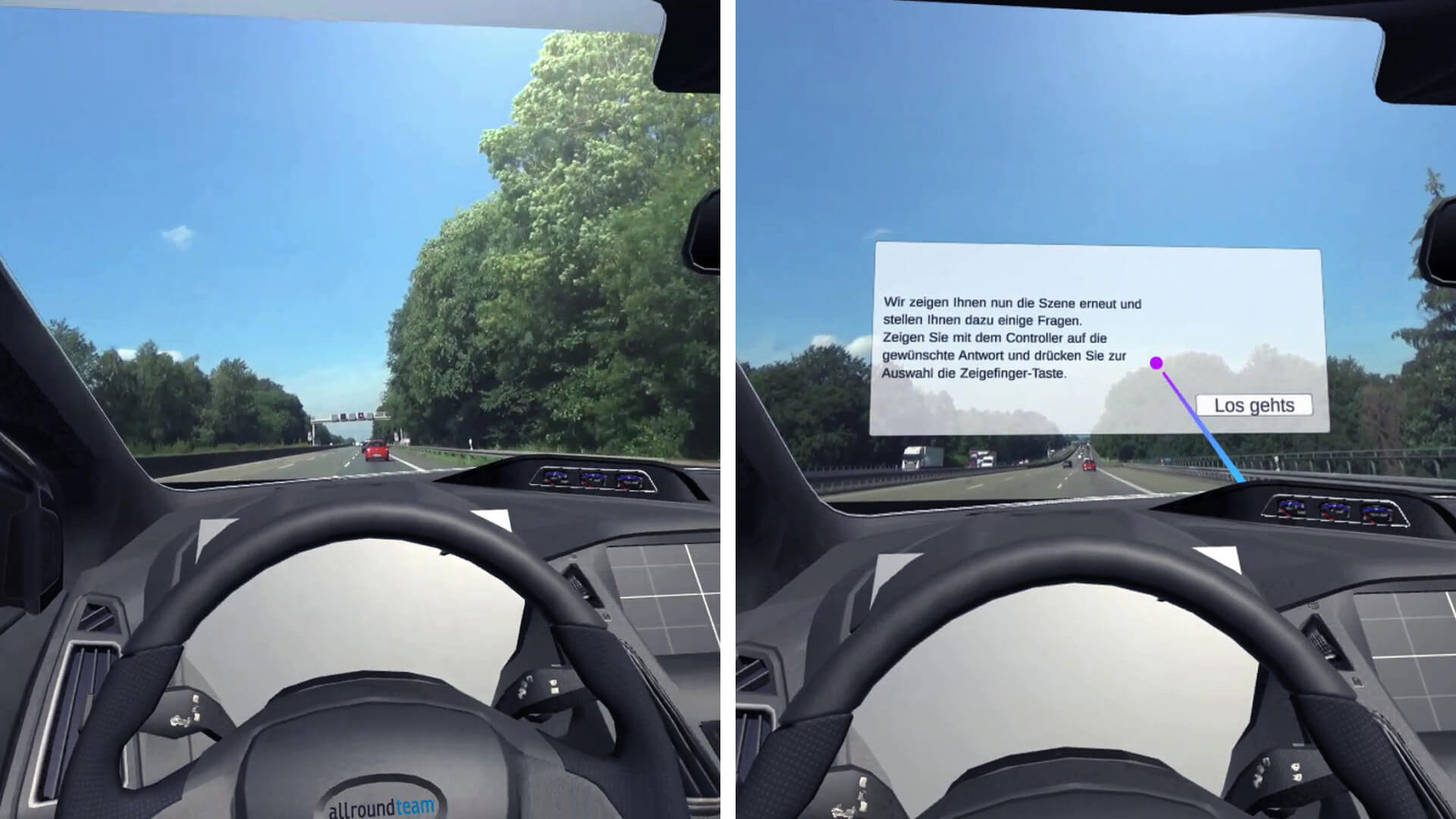 Innenansicht eines Autos in einer Fahrsimulation; durch die Windschutzscheibe sieht man eine Landstraße mit einem roten Auto voraus. Links wird die Szene klar dargestellt, rechts erscheint zusätzlich eine halbtransparente Benutzeroberfläche mit deutschem Hinweistext und einem Button „Los gehts“, der per Controller auswählbar ist.